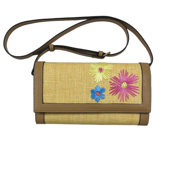 Anne Klein - Brown Leather & Tan Straw Crossbody with Flower Details - NWOT - Picture 1 of 9